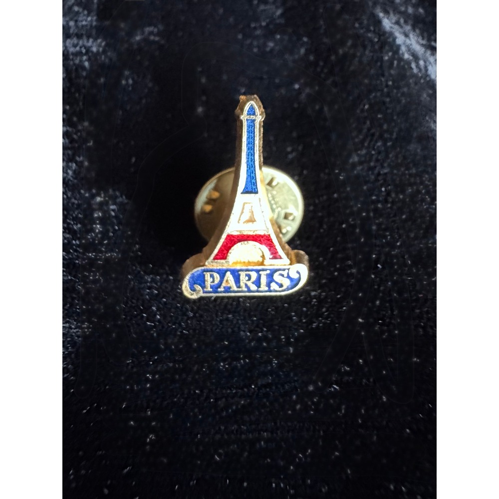 Vintage SAP Paris Eiffel Tower Lapel Pin Goldtone Enamel France Tricolor Vaca